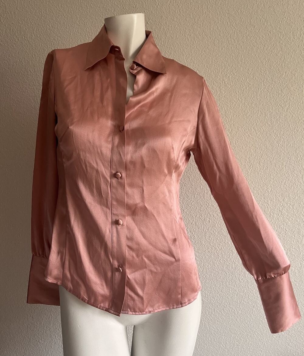 Banana Republic Y2K 100% Silk Blouse Small Pink Satin NWT Statement Cuffs